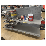 Freestanding Gondola Display Shelving: 2 Double-Sided Sections, Gray Pegboard, Peg Hooks, and Shelves