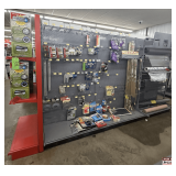 Hillman Hardware Freestanding Gondola Display: 3 Double-Sided Sections, Pegboard and Shelves, Red End Caps
