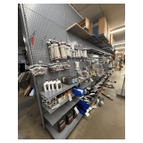 Wall-Mount Retail Display Shelving: 9 Sections, Gray Pegboard, Peg Hooks, and Shelves