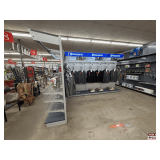Husqvarna Freestanding Gondola Display Shelving: L-Shaped, Lighted Blue Headers, Gray Pegboard, Peg Hooks, Wire Shelves, and Garment Arms ( 5 Sections)