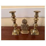Two Brass Candlesticks and Brass Artichoke Doorsto