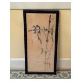 Framed Chinese-Style Watercolor of Birds and Bambo