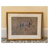 1887 Framed Watercolor Artwork With Birds and Flow