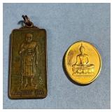 Two Gold-Tone Buddhist Amulets Luang Pu Thuat Symb