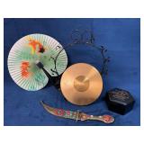 Oriental Fan, Gong, Decorative Dagger, and Lacquer