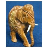 Carved Wood Elephant Figurine with Bone Tusks
