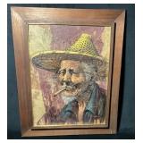 Thai Framed Artwork Depicting Elderly Man in Straw