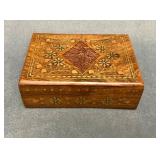 Wooden Inlaid Jewelry or Trinket Box With Red Velv