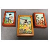 3 Trinket Jewelry Wood Boxes Geisha Motifs and Fel