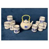 White Ceramic Teapot and Matching Cups with Blue B