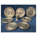 Eight Decorative Pewter Plaques and Goblet