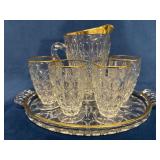 Vintage Glass Pitcher, Tray, and Four Glasses with