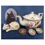 Decorative Lot Featuring Porcelain Teapot, Figurin