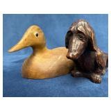 Two Animal Figurines: Wood Duck and Resin Dachshun