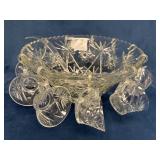 Vintage Clear Glass Punch Bowl Set with 11 Cups an