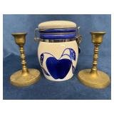 Blue and White Ceramic Canister and Pair of Brass