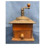 Vintage Wooden Coffee Grinder with Cast Iron Top a