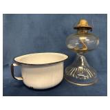 Vintage Glass Oil Lamp and White Enamel Bedside Co