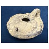 Ancient Clay Oil Lamp with Handle and Two Openings