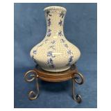 Petite Blue and White Vase with Stand Featuring Cr