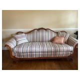 Carved Wood Settee with Striped Upholstery and Mat