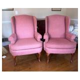 Pink Upholstered Wingback Chairs with Cabriole Leg