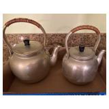 Two Aluminum Tea Pots with Woven Handles