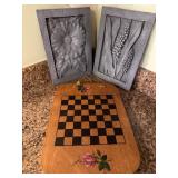 Two Plaster Wall Hangings and a Hand-Painted Wood