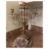 Ornate Brass Candelabra with Crystal Prisms, 17.5"