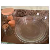 Three Pyrex Pie Plates and Two Glass Jars