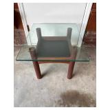 Glass Top Side Table with Wooden Base, 19 Inches T
