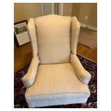 Upholstered Wingback Chair with Carved Wooden Legs