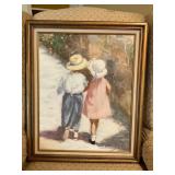Framed Print of Two Children Walking, Signed by Iv