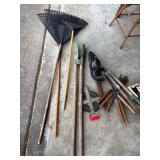 Group Lot of Garden Tools, Rakes, Shears, and Hedg