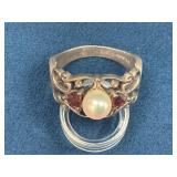 Sterling Silver Ring with Pearl and Red Stones, 5.