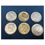 Six 1964 Kennedy Half Dollars, 90% Silver