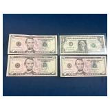 Four U.S. Banknotes Featuring Three $5 Bills and O