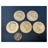 Five 1964 Kennedy Half Dollars and One Roosevelt D