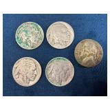 Five US Nickels Featuring Buffalo and Jefferson De