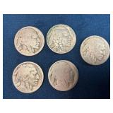 Five Buffalo Nickels Featuring Various Dates and M
