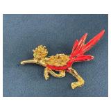 Gold-Tone and Red Enamel Roadrunner Brooch with Gr