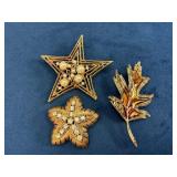 Three Gold-Tone Brooches with Rhinestones and Faux