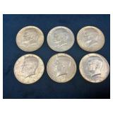 6 Kennedy Half Dollars, 1964, 90% Silver