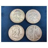 Four U.S. Half Dollar Coins, 1942, 1953, 1958, 196