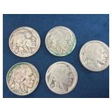 5 Buffalo Nickels, Various Years, Circulated Condi