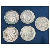 Five US Buffalo Nickels with Various Dates and Wea