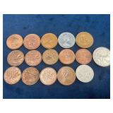 Collection of Canadian Cents, One Franc Coin, and