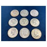 9 40% Silver Kennedy Half Dollars (1965-1969)