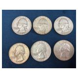 Six U.S. Washington Silver Quarters, 1947-1964