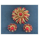 Red and Gold-Tone Brooch Pin and Clip-On Earrings